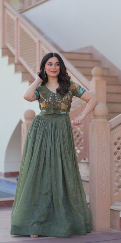 KA 1170 Dark Pista Color Silver Crunchy Gown with Embroidery Work. Introductory Price ₹1799. Delivery 4-6 Working Days. Shop now. | Gowns, Bollywood Gowns, Creative Gowns, Designer Gowns, Embroidered Gowns, Party Wear Gowns