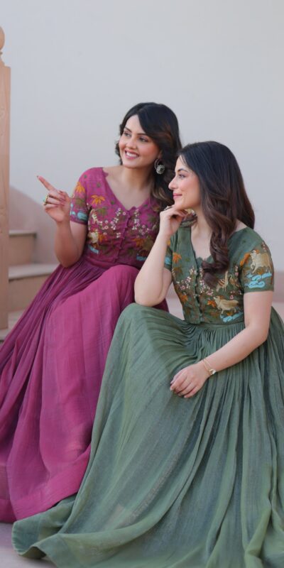 KA 1170 Dark Pista Color Silver Crunchy Gown with Embroidery Work. Introductory Price ₹1799. Delivery 4-6 Working Days. Shop now. | Gowns, Bollywood Gowns, Creative Gowns, Designer Gowns, Embroidered Gowns, Party Wear Gowns