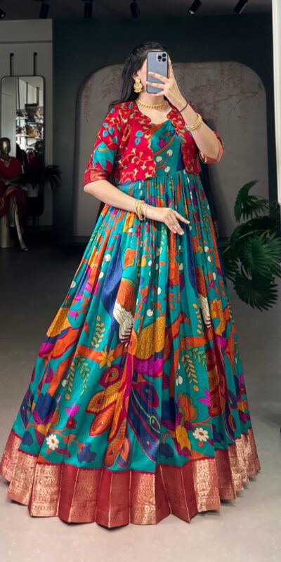 YNF 5035 Firozi in Taser Silk Zari Work & Kalamkari Print Gown . Available at ₹1799 only. Delivery 4-6 Working Days. Shop now. | Gowns, Bollywood Gowns, Creative Gowns, Designer Gowns, Embroidered Gowns, Party Wear Gowns