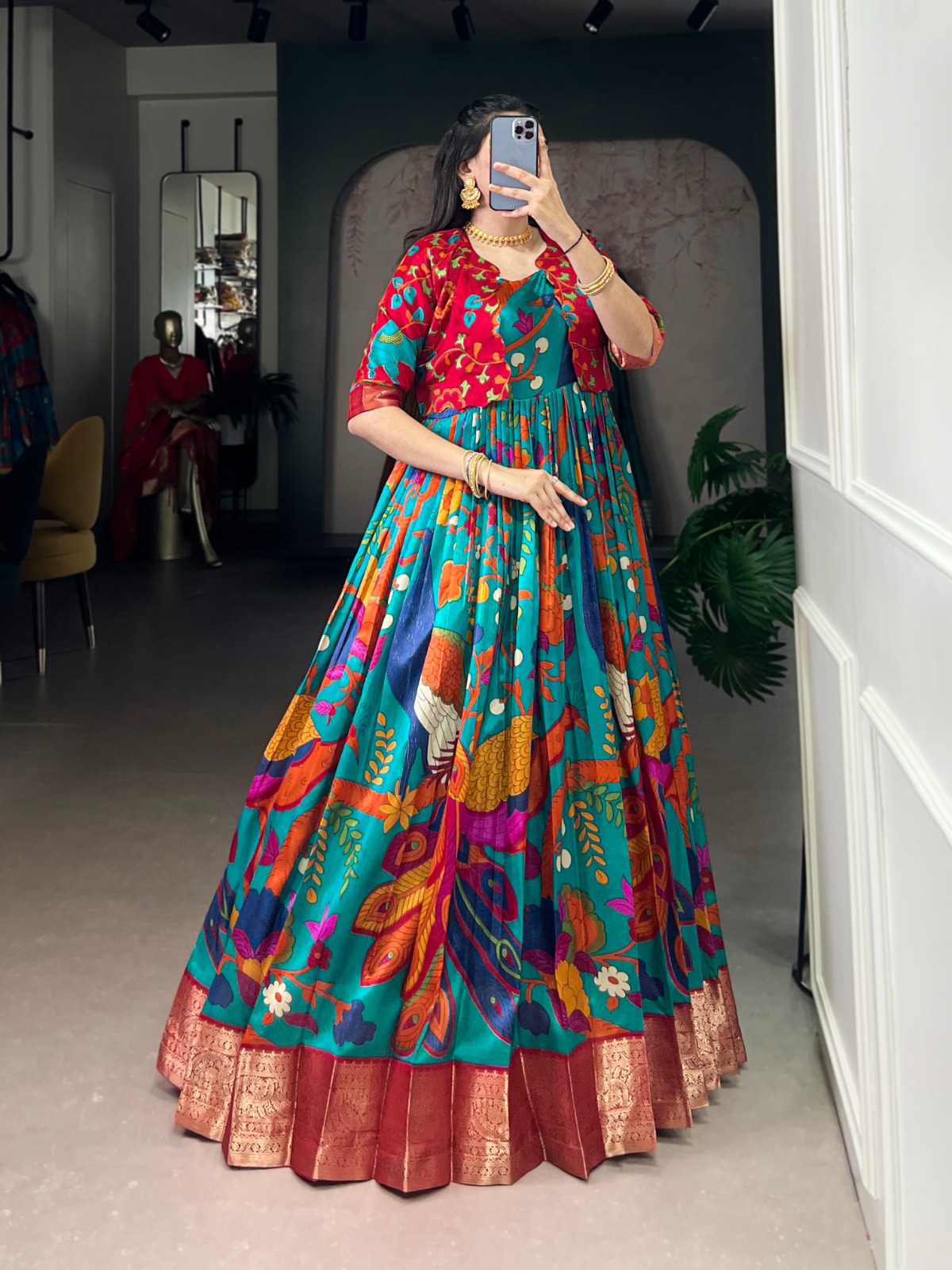 YNF 5035 Firozi in Taser Silk Zari Work & Kalamkari Print Gown . Available at ₹1799 only. Delivery 4-6 Working Days. Shop now. | Gowns, Bollywood Gowns, Creative Gowns, Designer Gowns, Embroidered Gowns, Party Wear Gowns