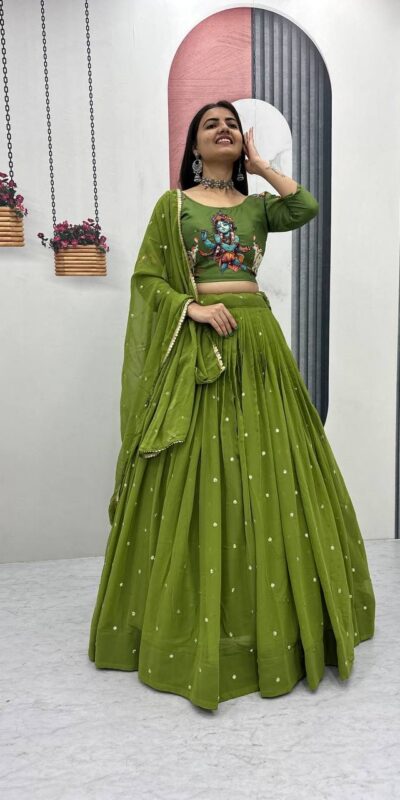 PC 541 Green Cotton Lehenga Choli with Kalamkari Print & Embroidery Work. Introductory Price ₹2099. Delivery 4-6 Working Days. Shop now. | Lehenga, Bollywood Lehenga, Creative Lehenga, Designer Lehenga, Embroidered Lehenga, Party Wear Lehenga