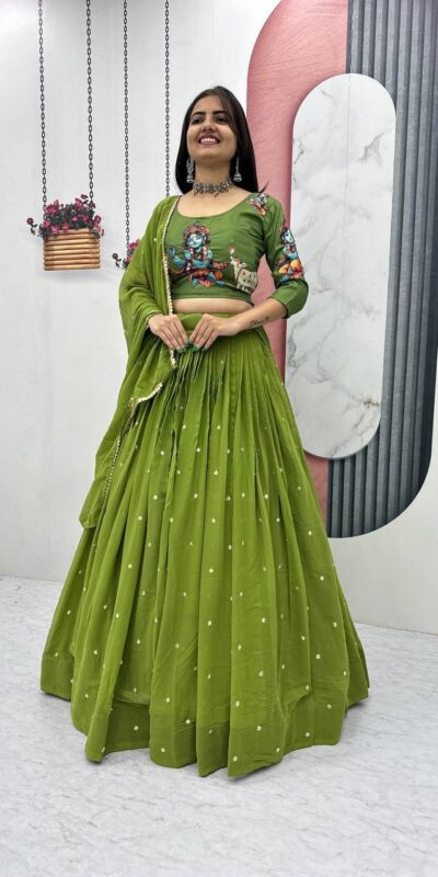 PC 541 Green Cotton Lehenga Choli with Kalamkari Print & Embroidery Work. Introductory Price ₹2099. Delivery 4-6 Working Days. Shop now. | Lehenga, Bollywood Lehenga, Creative Lehenga, Designer Lehenga, Embroidered Lehenga, Party Wear Lehenga