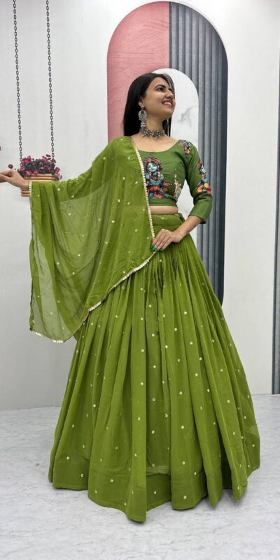 PC 541 Green Cotton Lehenga Choli with Kalamkari Print & Embroidery Work. Introductory Price ₹2099. Delivery 4-6 Working Days. Shop now. | Lehenga, Bollywood Lehenga, Creative Lehenga, Designer Lehenga, Embroidered Lehenga, Party Wear Lehenga