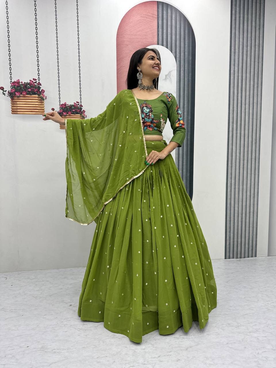 PC 541 Green Cotton Lehenga Choli with Kalamkari Print & Embroidery Work. Introductory Price ₹2099. Delivery 4-6 Working Days. Shop now. | Lehenga, Bollywood Lehenga, Creative Lehenga, Designer Lehenga, Embroidered Lehenga, Party Wear Lehenga