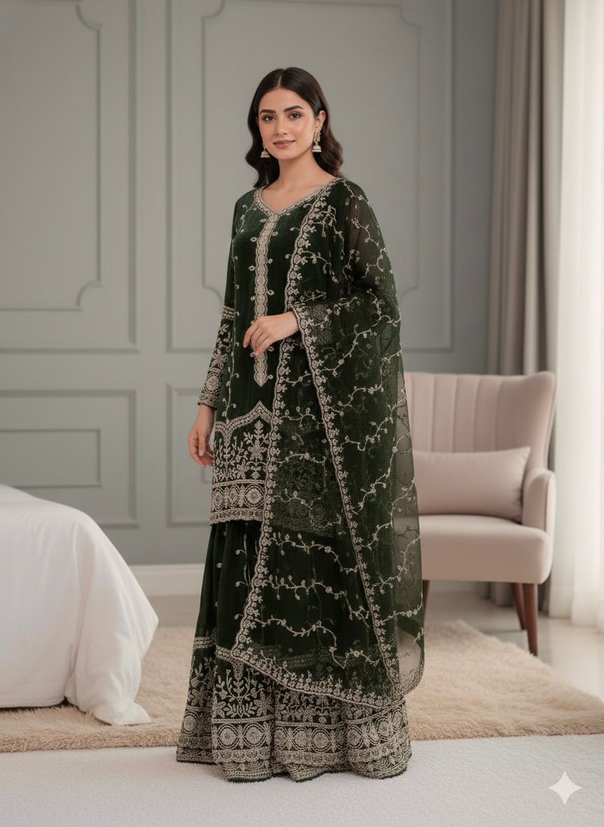 SSR 533 Green Color Fendy Silk Salwar Suit with Embroidery Work. Affordable Price ₹2149. Delivery 4-6 Working Days. Shop now. | Jump Suits, Salwar suit, Casual Suits, Creative suits, Designer Suits, Palazzo Suits, Party Wear Suits, Patiala Suits, Straight Suits