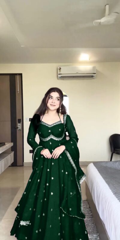 RTC 5924 Green Georgette Thread With Sequence Gown Perfect for Wedding, Party, Reception, Holi, Eid . Available at ₹1999 only. Delivery 4-6 Working Days. | Gowns, Bollywood Gowns, Creative Gowns, Designer Gowns, Embroidered Gowns, Party Wear Gowns