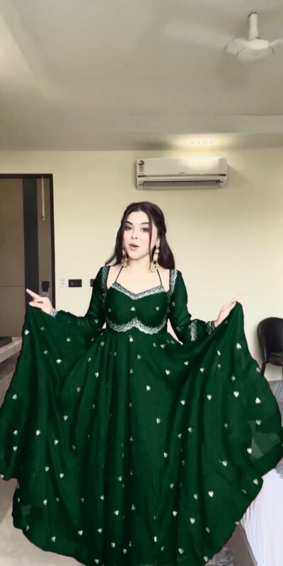 RTC 5924 Green Georgette Thread With Sequence Gown Perfect for Wedding, Party, Reception, Holi, Eid . Available at ₹1999 only. Delivery 4-6 Working Days. | Gowns, Bollywood Gowns, Creative Gowns, Designer Gowns, Embroidered Gowns, Party Wear Gowns