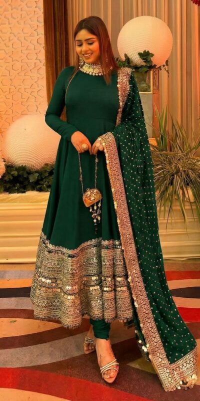 ZSR 3152 Green Color Roman silk Gown with Embroidery Work & Lace Work. Grab it for ₹2599. Delivery 4-6 Working Days. Shop now. | Gowns, Bollywood Gowns, Creative Gowns, Designer Gowns, Embroidered Gowns, Party Wear Gowns