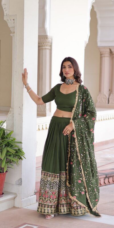 KA 5051 Green in Vichitra Silk Embroidery Work & Sequins Work Lehenga Choli . Now at just ₹2499. Delivery 4-6 Working Days. Shop now. | Lehenga, Bollywood Lehenga, Creative Lehenga, Designer Lehenga, Embroidered Lehenga, Party Wear Lehenga