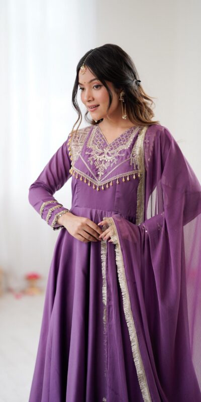 ZSR 3149 Lavender Roman silk Gown Perfect for Wedding, Party, Sangeet, Haldi, Lohri – . Introductory Price ₹2099. Delivery 4-6 Working Days. Shop now. | Gowns, Bollywood Gowns, Creative Gowns, Designer Gowns, Embroidered Gowns, Party Wear Gowns