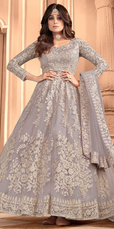 Grey Heavy Net Embroidery Work Salwar Suit
