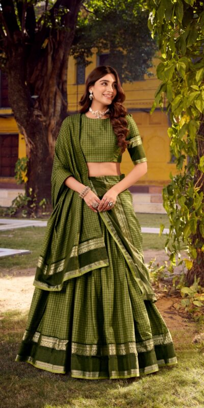 LNB 1900 Mahendi Color Chettinad Cotton Chex Zari Work Lehenga Choli . Now at just ₹3249. Delivery 4-6 Working Days. Shop now. | Lehenga, Bollywood Lehenga, Creative Lehenga, Designer Lehenga, Embroidered Lehenga, Party Wear Lehenga