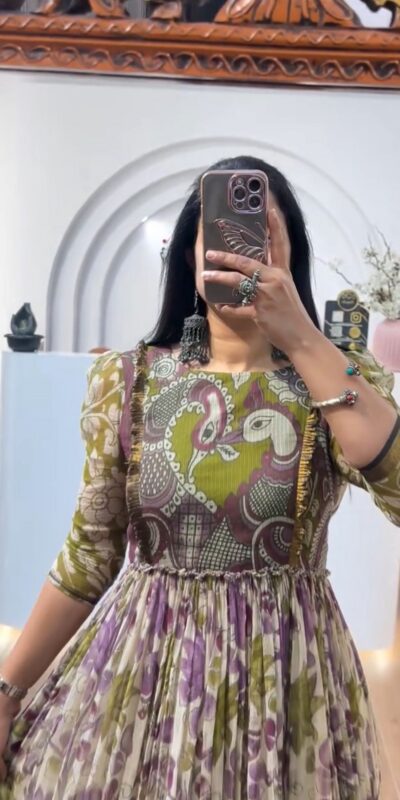 PC 540 Mahendi Color Cota checks Gown with Kalamkari Print. Wedding, Party, Festive Introductory Price ₹1849. Delivery 4-6 Working Days. Shop now. | Gowns, Bollywood Gowns, Creative Gowns, Designer Gowns, Embroidered Gowns, Party Wear Gowns