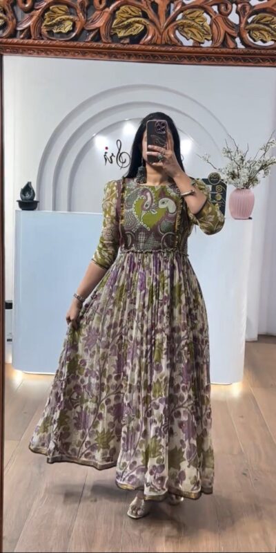 PC 540 Mahendi Color Cota checks Gown with Kalamkari Print. Wedding, Party, Festive Introductory Price ₹1849. Delivery 4-6 Working Days. Shop now. | Gowns, Bollywood Gowns, Creative Gowns, Designer Gowns, Embroidered Gowns, Party Wear Gowns