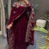 Maroon 9000 Velvet Embroidery Lace Work Salwar Suit