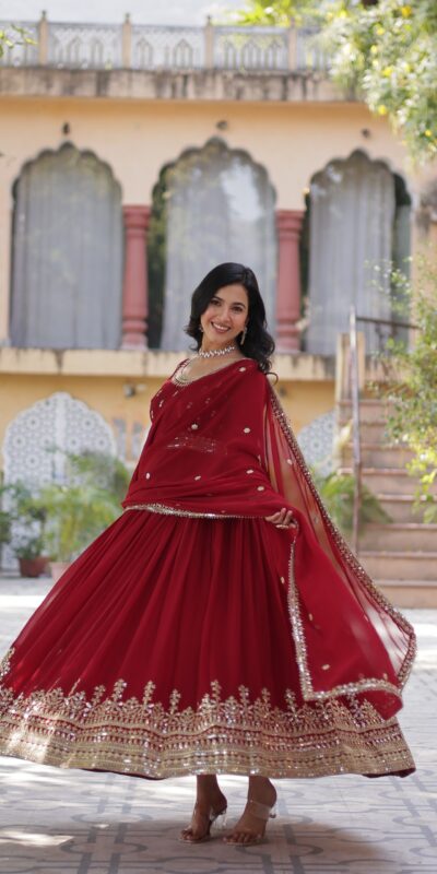 KA 1144 Maroon Faux Blooming Gown with Embroidery Work & Zari Work. Exclusive Offer ₹2449. Delivery 4-6 Working Days. Shop now. | Gowns, Bollywood Gowns, Creative Gowns, Designer Gowns, Embroidered Gowns, Party Wear Gowns