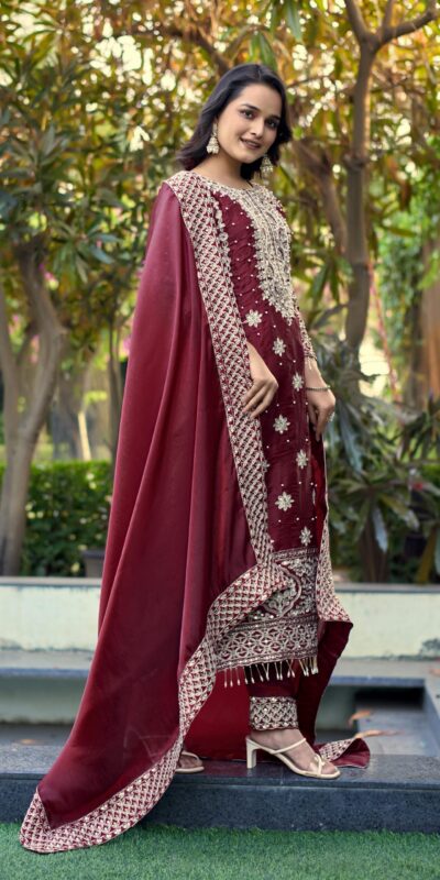 SR 1698 Maroon in Color Organza Silk Embroidery Work Salwar Suit . Festive Deal ₹2499. Delivery 4-6 Working Days. Shop now. | Jump Suits, Salwar suit, Casual Suits, Creative suits, Designer Suits, Palazzo Suits, Party Wear Suits, Patiala Suits, Straight Suits