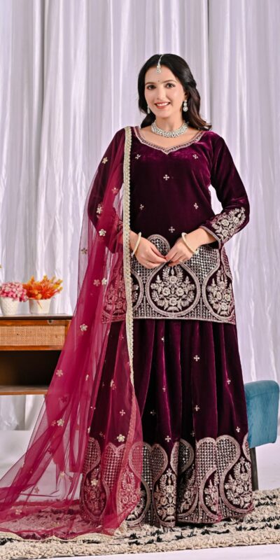 ND 5054 Maroon Embroidery Work Salwar Suit in Maroon Viscous Velvet. Available at ₹2449 only. Delivery 4-6 Working Days. Shop now. | Jump Suits, Tops & Bottoms, Track Suits, Salwar suit, Casual Suits, Creative suits, Designer Suits, Palazzo Suits, Party Wear Suits, Patiala Suits, Straight Suits, Trendy Wear