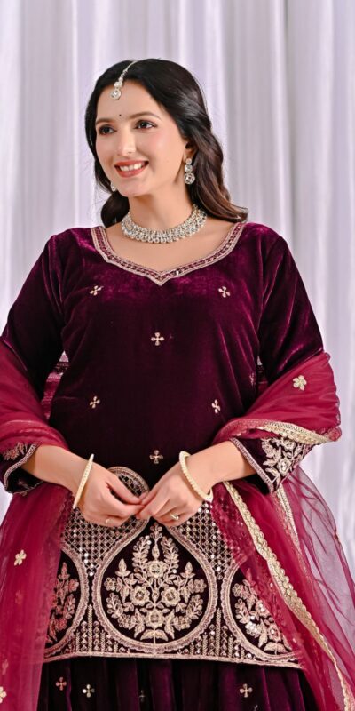 ND 5054 Maroon Embroidery Work Salwar Suit in Maroon Viscous Velvet. Available at ₹2449 only. Delivery 4-6 Working Days. Shop now. | Jump Suits, Tops & Bottoms, Track Suits, Salwar suit, Casual Suits, Creative suits, Designer Suits, Palazzo Suits, Party Wear Suits, Patiala Suits, Straight Suits, Trendy Wear