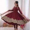 Maroon Roman Silk Embroidery Lace Work Gown