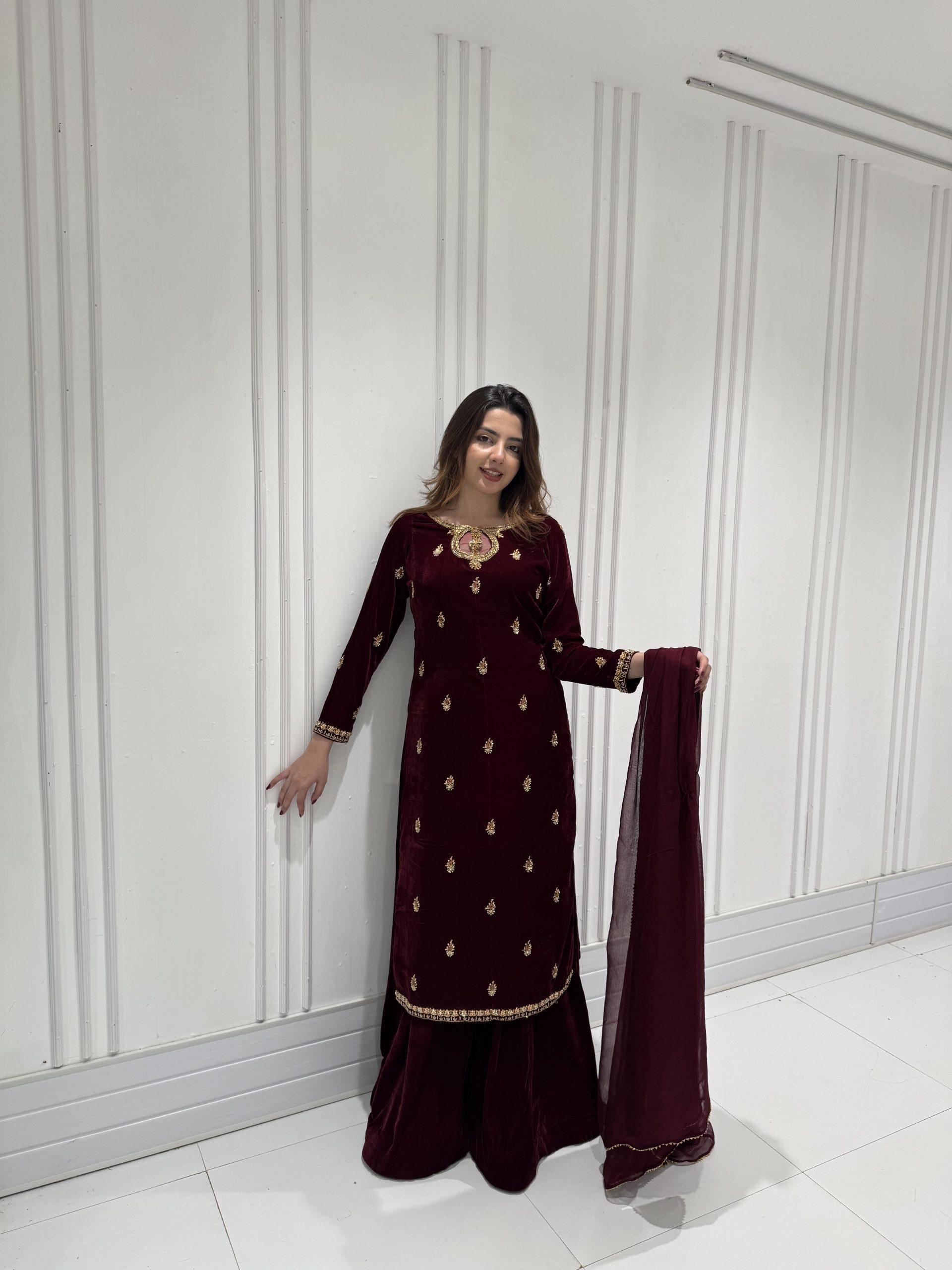 LG 2033 Maroon Color Velvet Embroidery Work Salwar Suit . Wedding, Party, Festive, Events, Available at ₹1949 only. Delivery 4-6 Working Days. Shop now. | Jump Suits, Tops & Bottoms, Track Suits, Salwar suit, Casual Suits, Creative suits, Designer Suits, Palazzo Suits, Party Wear Suits, Patiala Suits, Straight Suits, Trendy Wear