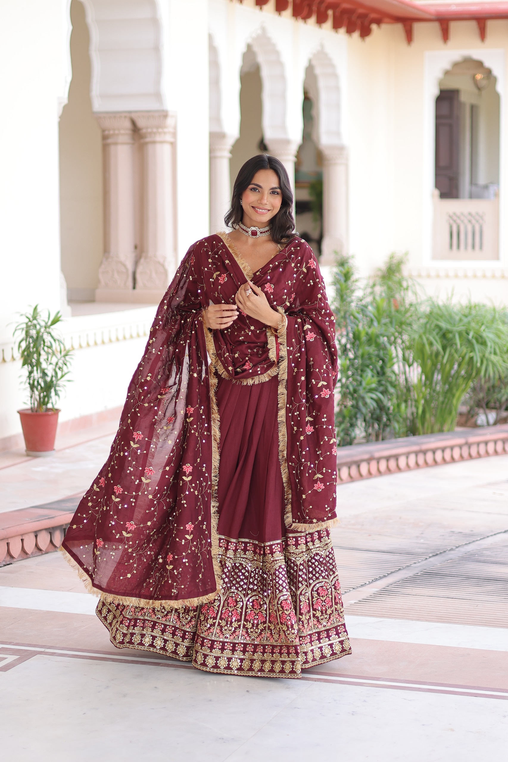 KA 5051 Maroon in Vichitra Silk Embroidery Work & Sequins Work Lehenga Choli . Now at just ₹2499. Delivery 4-6 Working Days. Shop now. | Lehenga, Bollywood Lehenga, Creative Lehenga, Designer Lehenga, Embroidered Lehenga, Party Wear Lehenga