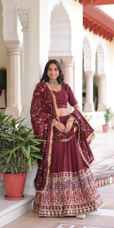 KA 5051 Maroon in Vichitra Silk Embroidery Work & Sequins Work Lehenga Choli . Now at just ₹2499. Delivery 4-6 Working Days. Shop now. | Lehenga, Bollywood Lehenga, Creative Lehenga, Designer Lehenga, Embroidered Lehenga, Party Wear Lehenga