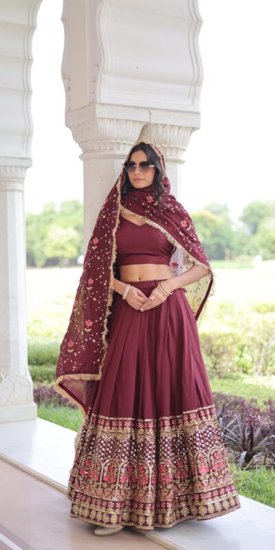 KA 5051 Maroon in Vichitra Silk Embroidery Work & Sequins Work Lehenga Choli . Now at just ₹2499. Delivery 4-6 Working Days. Shop now. | Lehenga, Bollywood Lehenga, Creative Lehenga, Designer Lehenga, Embroidered Lehenga, Party Wear Lehenga