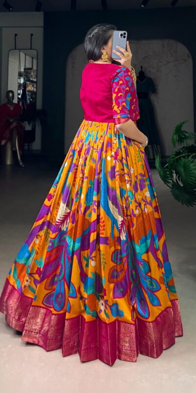 YNF 5035 Mustard in Taser Silk Zari Work & Kalamkari Print Gown . Available at ₹1799 only. Delivery 4-6 Working Days. Shop now. | Gowns, Bollywood Gowns, Creative Gowns, Designer Gowns, Embroidered Gowns, Party Wear Gowns