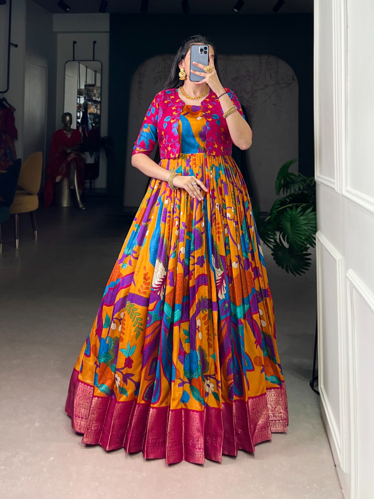 YNF 5035 Mustard in Taser Silk Zari Work & Kalamkari Print Gown . Available at ₹1799 only. Delivery 4-6 Working Days. Shop now. | Gowns, Bollywood Gowns, Creative Gowns, Designer Gowns, Embroidered Gowns, Party Wear Gowns