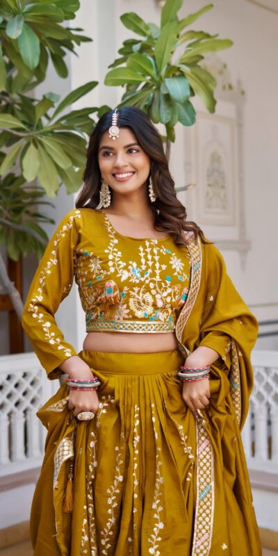 Ram 150 Mustered Color Vichitra Lehenga Choli with Embroidery Work. Grab it for ₹3049. Delivery 4-6 Working Days. Shop now. | Lehenga, Bollywood Lehenga, Creative Lehenga, Designer Lehenga, Embroidered Lehenga, Party Wear Lehenga