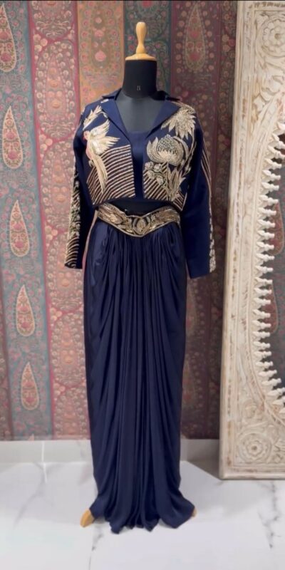 BE 372 Navy Blue French Crape Dhoti Suit Perfect for Wedding, Party, Ganesh Chaturthi, Durga Puja, Housewarming – . Available at ₹1899 only. Deliv | Jump Suits, Salwar suit, Casual Suits, Creative suits, Designer Suits, Palazzo Suits, Party Wear Suits, Patiala Suits, Straight Suits