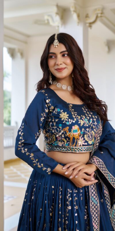 Ram 150 Navy Blue Color Vichitra Lehenga Choli with Embroidery Work. Grab it for ₹3049. Delivery 4-6 Working Days. Shop now. | Lehenga, Bollywood Lehenga, Creative Lehenga, Designer Lehenga, Embroidered Lehenga, Party Wear Lehenga