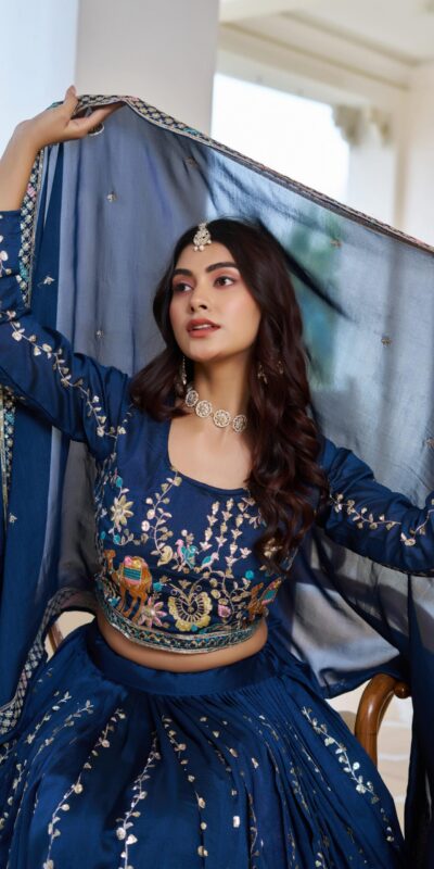Ram 150 Navy Blue Color Vichitra Lehenga Choli with Embroidery Work. Grab it for ₹3049. Delivery 4-6 Working Days. Shop now. | Lehenga, Bollywood Lehenga, Creative Lehenga, Designer Lehenga, Embroidered Lehenga, Party Wear Lehenga