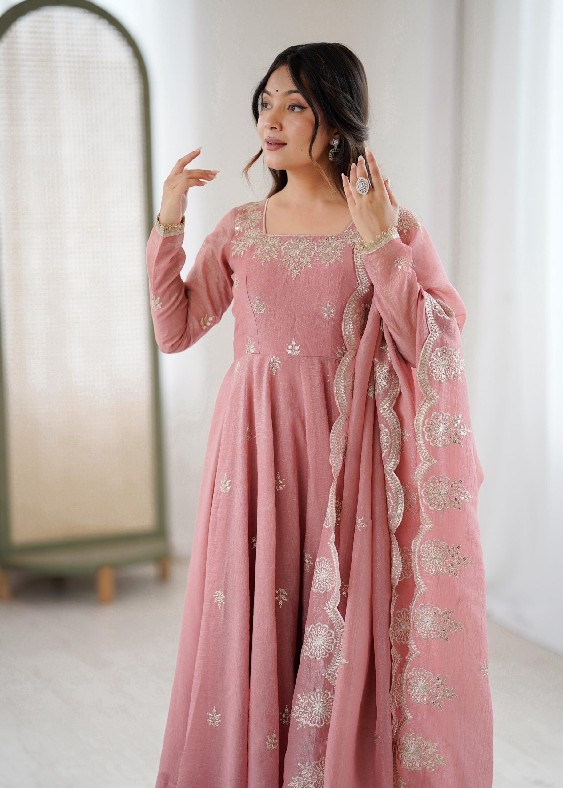ZF 5011 Onion Crunchy Silk Gown with Embroidery Work. Wedding, Party, Festive, Events Best Price ₹2099. Delivery 4-6 Working Days. Shop now. | Gowns, Bollywood Gowns, Creative Gowns, Designer Gowns, Embroidered Gowns, Party Wear Gowns