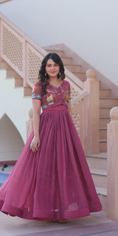 KA 1170 Onion Color Silver Crunchy Gown with Embroidery Work. Introductory Price ₹1799. Delivery 4-6 Working Days. Shop now. | Gowns, Bollywood Gowns, Creative Gowns, Designer Gowns, Embroidered Gowns, Party Wear Gowns