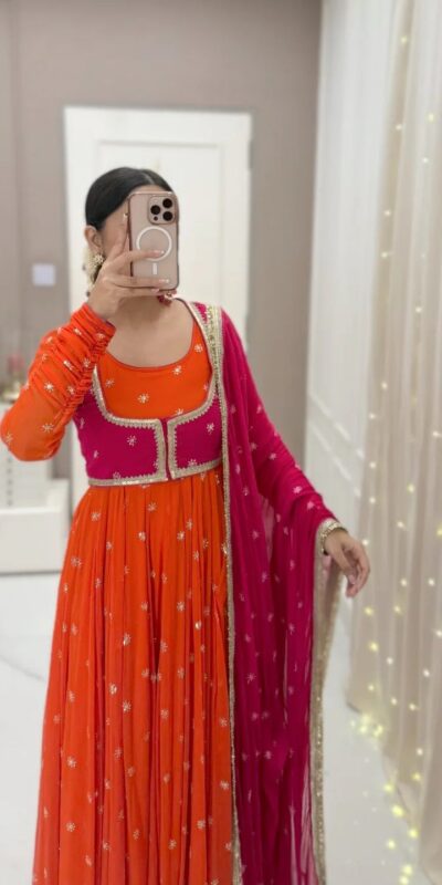 KD 1518 Orange Faux Georgette Salwar Suit Perfect for Wedding, Party, Raksha Bandhan, Housewarming, Bridal Wear – . Available at ₹2099 only. Delivery | Jump Suits, Salwar suit, Casual Suits, Creative suits, Designer Suits, Palazzo Suits, Party Wear Suits, Patiala Suits, Straight Suits