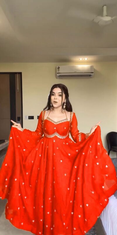 MF 1003 Orange Georgette Gown. Perfect for Wedding, Party, Pongal, Bridal Wear, Anniversary – Affordable Price ₹1799. Delivery 4-6 Working Days. Shop now. | Gowns, Bollywood Gowns, Creative Gowns, Designer Gowns, Embroidered Gowns, Party Wear Gowns