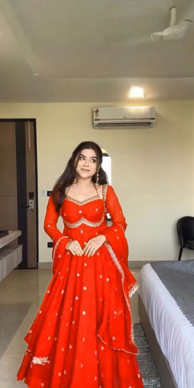 MF 1003 Orange Georgette Gown. Perfect for Wedding, Party, Pongal, Bridal Wear, Anniversary – Affordable Price ₹1799. Delivery 4-6 Working Days. Shop now. | Gowns, Bollywood Gowns, Creative Gowns, Designer Gowns, Embroidered Gowns, Party Wear Gowns