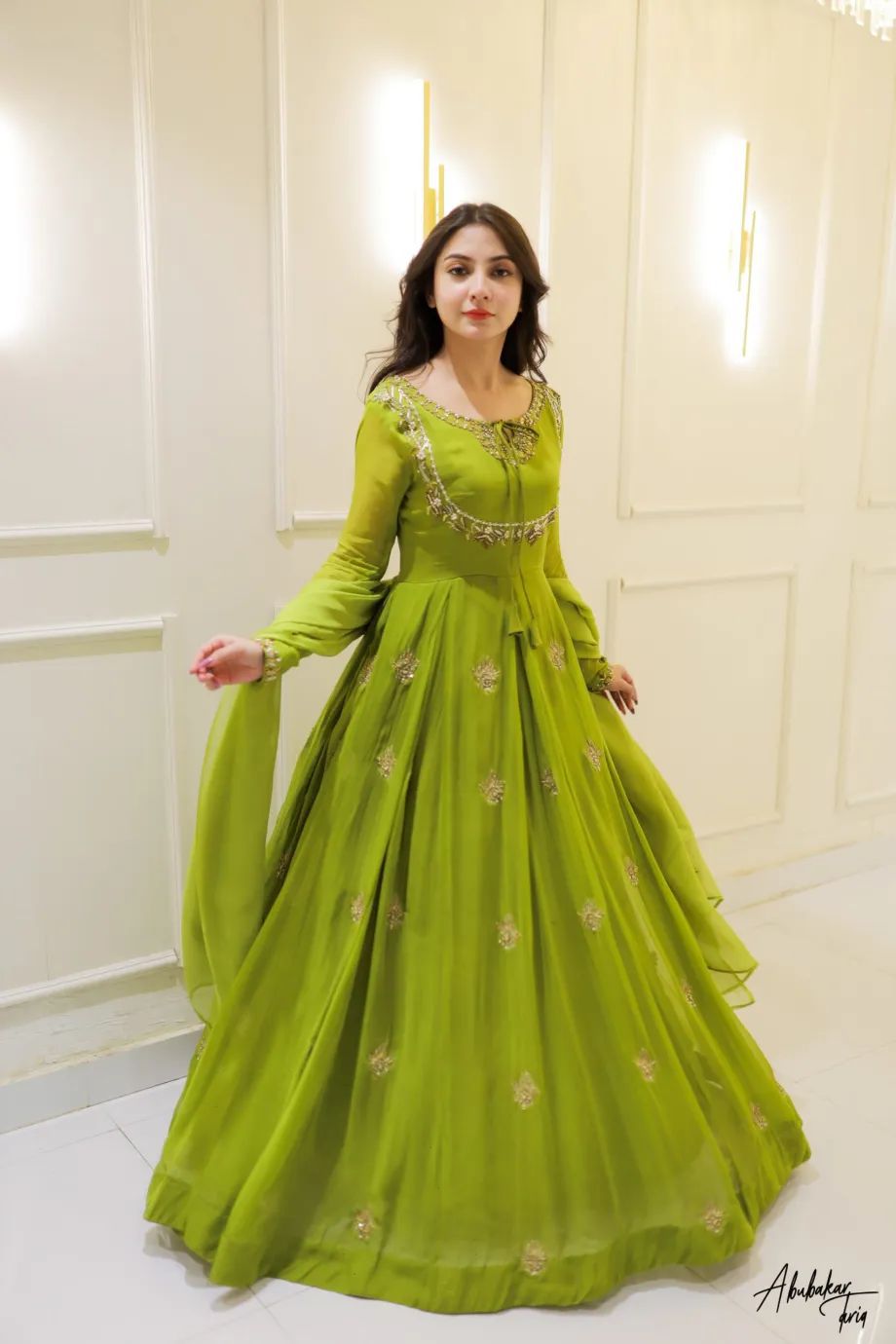 Parrot Green Georgette With Embroidery Work Gown Online