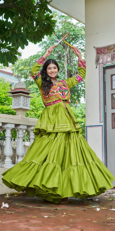 Ram 120 Parrot Green in Pure Cotton Mirror Work & Gamthi Work Lehenga Choli . Exclusive Offer ₹3049. Delivery 4-6 Working Days. Shop now. | Lehenga, Bollywood Lehenga, Creative Lehenga, Designer Lehenga, Embroidered Lehenga, Party Wear Lehenga