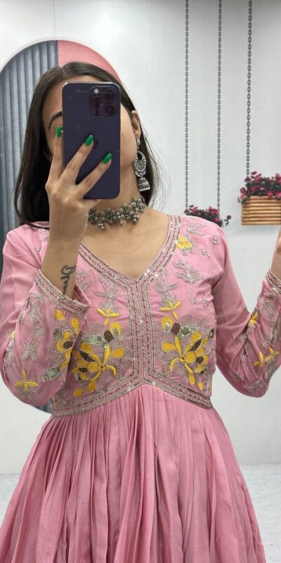 PC 542 Peach Color Chinon Gown with Thread & Embroidery Work. Available at ₹1749 only. Delivery 4-6 Working Days. Shop now. | Gowns, Bollywood Gowns, Creative Gowns, Designer Gowns, Embroidered Gowns, Party Wear Gowns