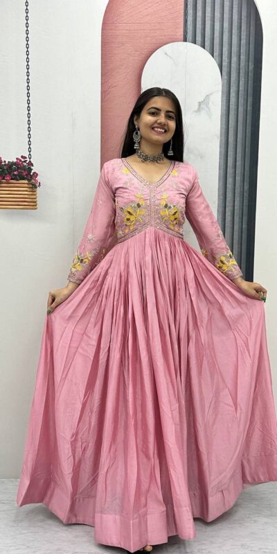 PC 542 Peach Color Chinon Gown with Thread & Embroidery Work. Available at ₹1749 only. Delivery 4-6 Working Days. Shop now. | Gowns, Bollywood Gowns, Creative Gowns, Designer Gowns, Embroidered Gowns, Party Wear Gowns