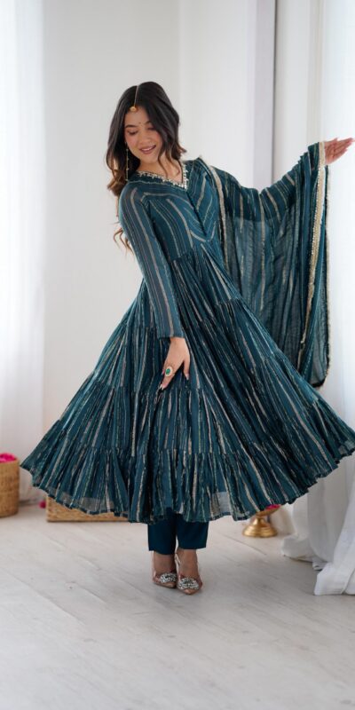 SRK 5305 Peacock Blue Color Mal Chanderi Gown with Mirror Work & Lace Work. Grab it for ₹2399. Delivery 4-6 Working Days. Shop now. | Gowns, Bollywood Gowns, Creative Gowns, Designer Gowns, Embroidered Gowns, Party Wear Gowns