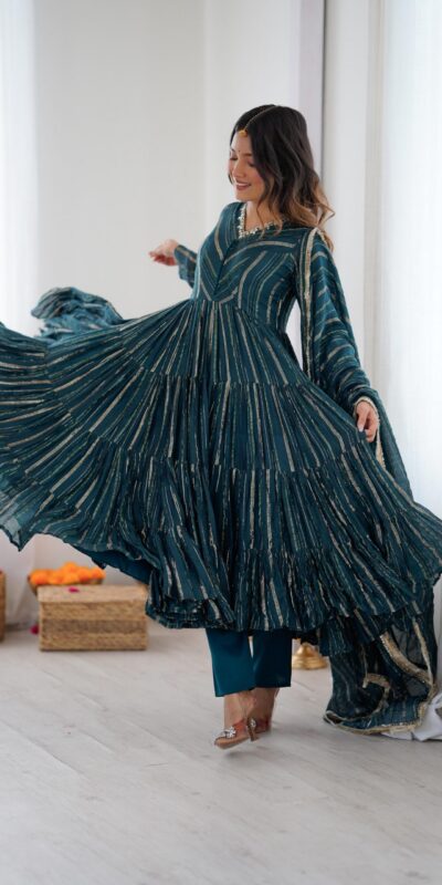 SRK 5305 Peacock Blue Color Mal Chanderi Gown with Mirror Work & Lace Work. Grab it for ₹2399. Delivery 4-6 Working Days. Shop now. | Gowns, Bollywood Gowns, Creative Gowns, Designer Gowns, Embroidered Gowns, Party Wear Gowns
