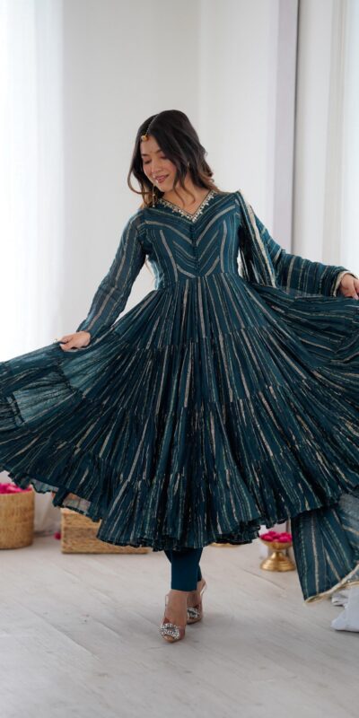 SRK 5305 Peacock Blue Color Mal Chanderi Gown with Mirror Work & Lace Work. Grab it for ₹2399. Delivery 4-6 Working Days. Shop now. | Gowns, Bollywood Gowns, Creative Gowns, Designer Gowns, Embroidered Gowns, Party Wear Gowns