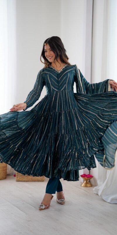 SRK 5305 Peacock Blue Color Mal Chanderi Gown with Mirror Work & Lace Work. Grab it for ₹2399. Delivery 4-6 Working Days. Shop now. | Gowns, Bollywood Gowns, Creative Gowns, Designer Gowns, Embroidered Gowns, Party Wear Gowns