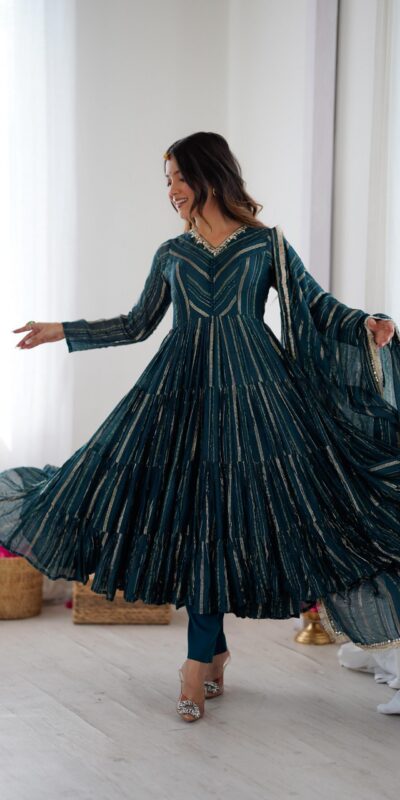 SRK 5305 Peacock Blue Color Mal Chanderi Gown with Mirror Work & Lace Work. Grab it for ₹2399. Delivery 4-6 Working Days. Shop now. | Gowns, Bollywood Gowns, Creative Gowns, Designer Gowns, Embroidered Gowns, Party Wear Gowns