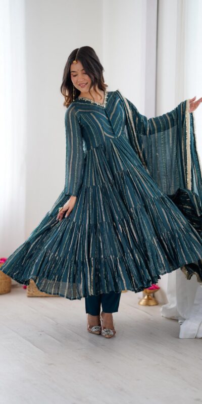 SRK 5305 Peacock Blue Color Mal Chanderi Gown with Mirror Work & Lace Work. Grab it for ₹2399. Delivery 4-6 Working Days. Shop now. | Gowns, Bollywood Gowns, Creative Gowns, Designer Gowns, Embroidered Gowns, Party Wear Gowns
