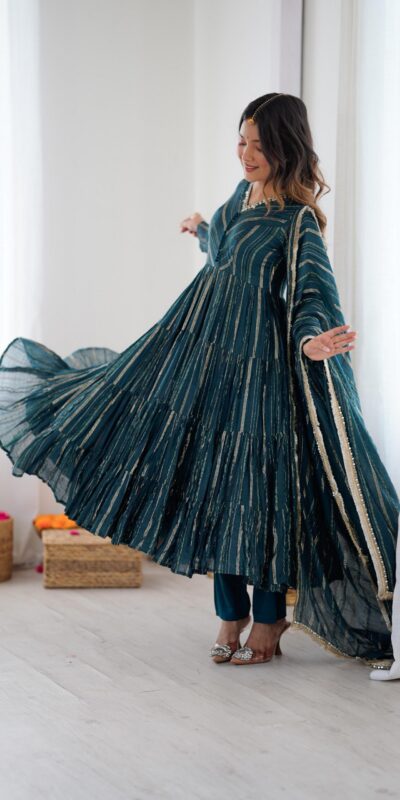SRK 5305 Peacock Blue Color Mal Chanderi Gown with Mirror Work & Lace Work. Grab it for ₹2399. Delivery 4-6 Working Days. Shop now. | Gowns, Bollywood Gowns, Creative Gowns, Designer Gowns, Embroidered Gowns, Party Wear Gowns